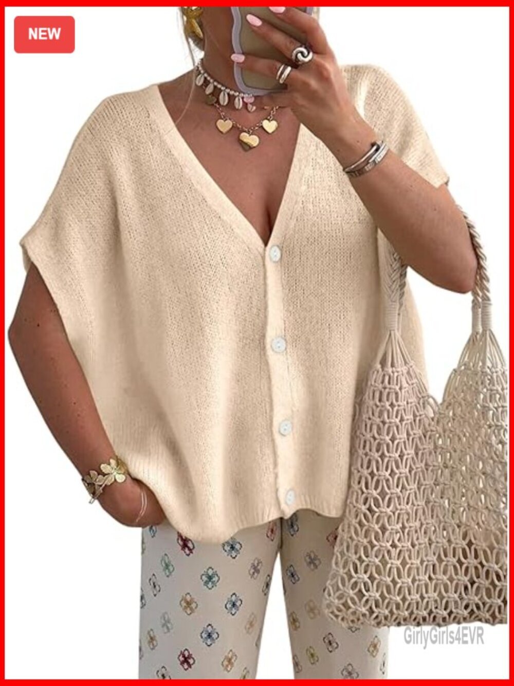 Oversized Batwing Short Sleeve Cardigan V Neck Button Up Lightweight Knit